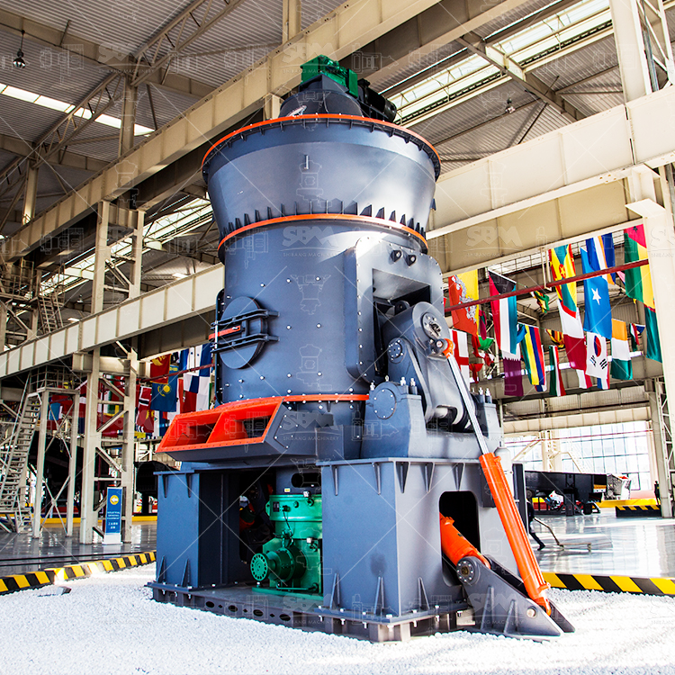 Close-up view of the durable grinding rollers and table in an LM series vertical mill